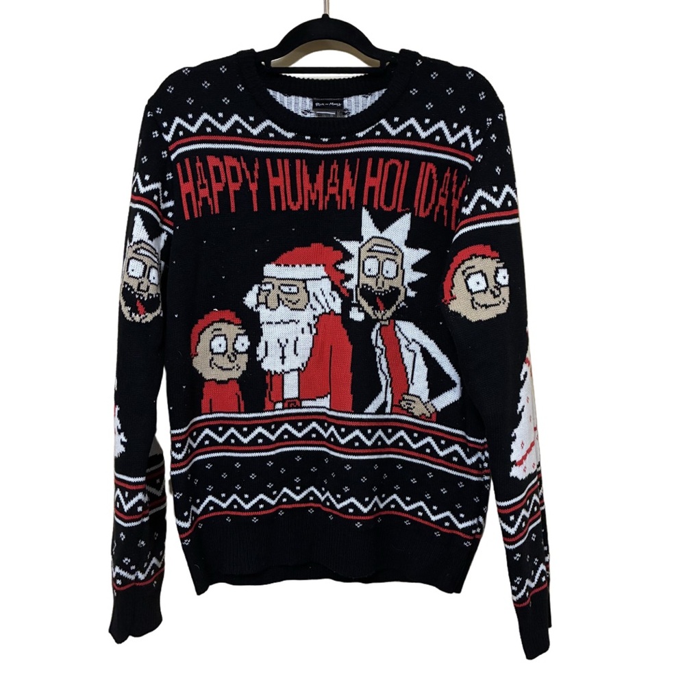 Rick And Morty Ugly Christmas Sweater Men’s L Happy Human Holiday Crew Neck - Picture 2 of 7